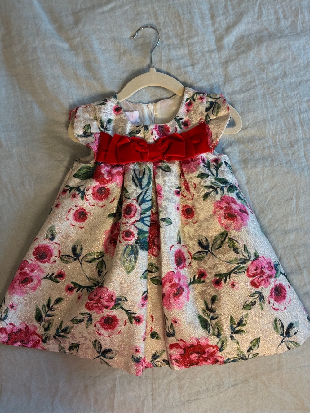 Bonnie Baby Girls Floral Holiday Christmas Dress with Red Bow Like New